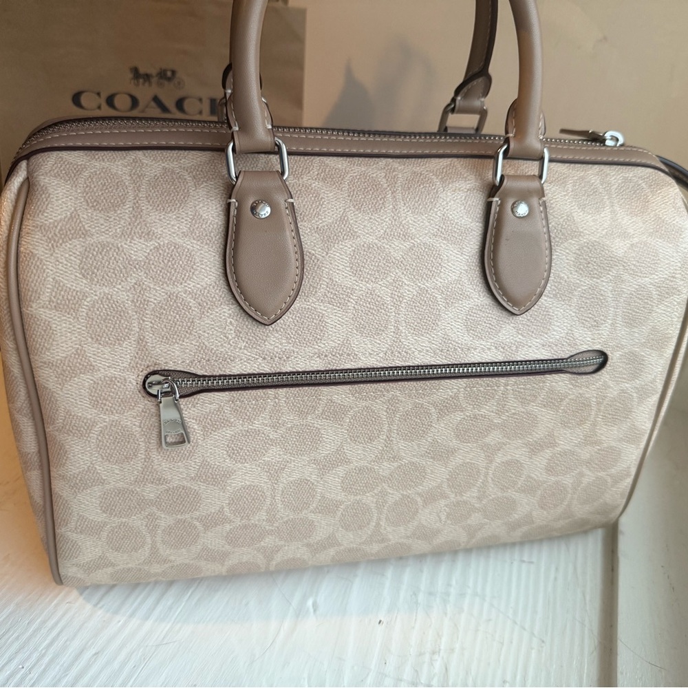 Coach Beige Signature Canvas Satchel with Tan Trim - Picture 3 of 15
